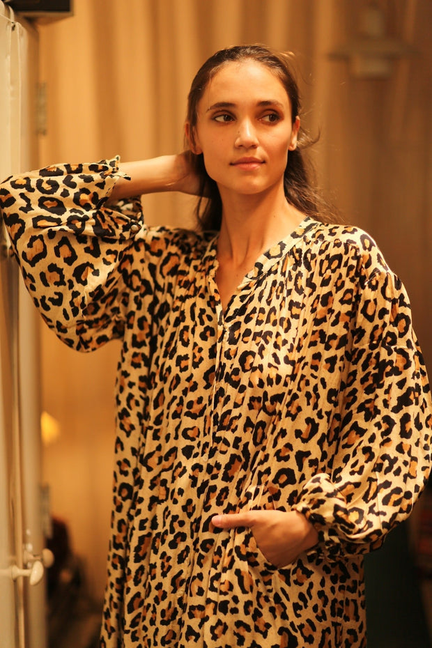 SILK DRESS ELIZABETH LEO PRINT - sustainably made MOMO NEW YORK sustainable clothing, Boho Chic Dress slow fashion