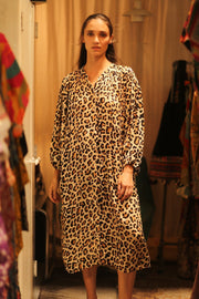 SILK DRESS ELIZABETH LEO PRINT - sustainably made MOMO NEW YORK sustainable clothing, Boho Chic Dress slow fashion
