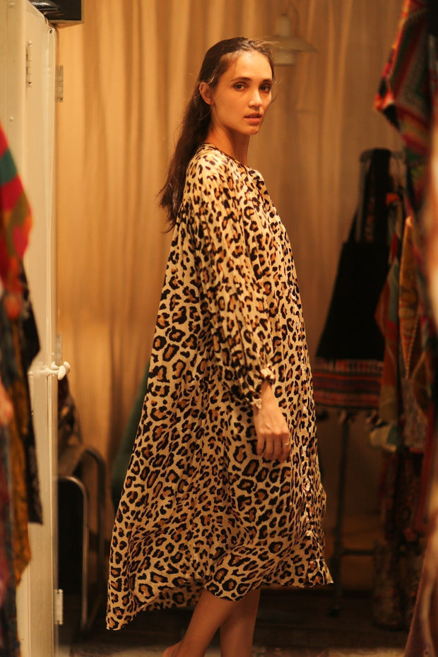 SILK DRESS ELIZABETH LEO PRINT - sustainably made MOMO NEW YORK sustainable clothing, Boho Chic Dress slow fashion