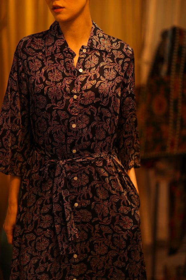 SILK DRESS HAND BLOCK PRINT RUTH SELIN - sustainably made MOMO NEW YORK sustainable clothing, dress slow fashion