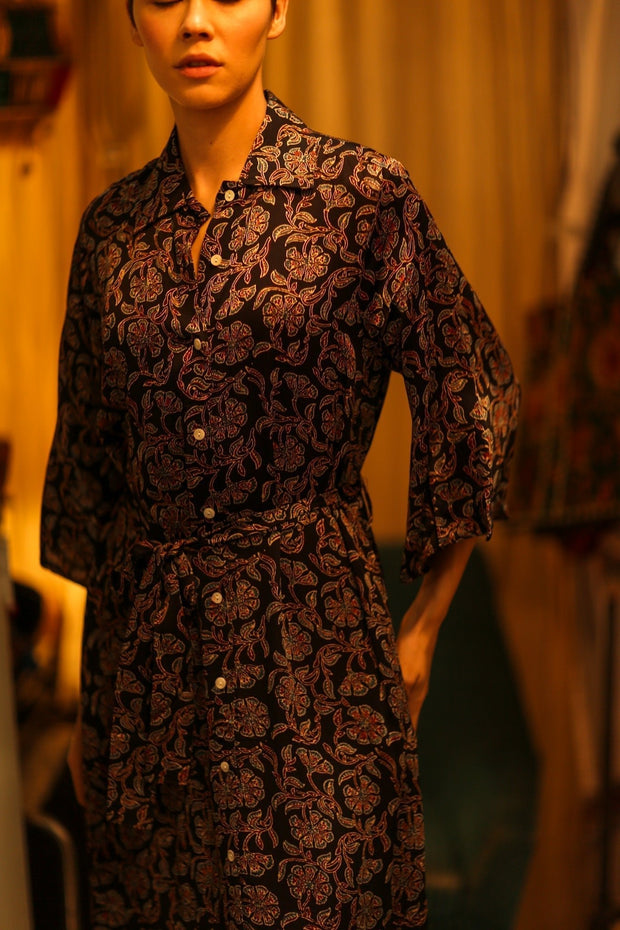 SILK DRESS HAND BLOCK PRINT RUTH SELIN - sustainably made MOMO NEW YORK sustainable clothing, dress slow fashion