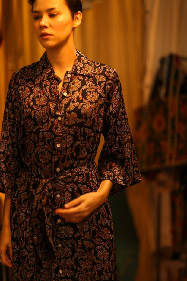 SILK DRESS HAND BLOCK PRINT RUTH SELIN - sustainably made MOMO NEW YORK sustainable clothing, dress slow fashion