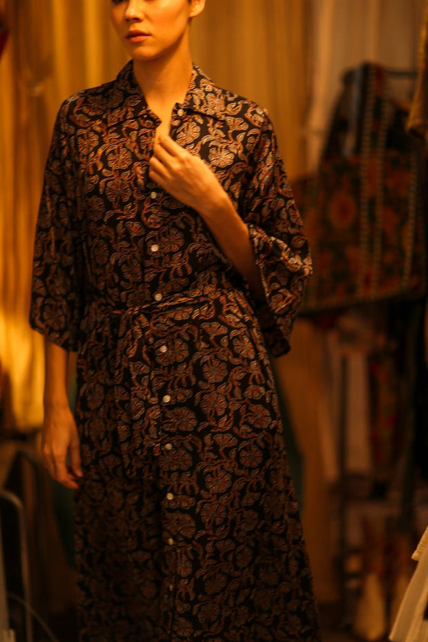 SILK DRESS HAND BLOCK PRINT RUTH SELIN - sustainably made MOMO NEW YORK sustainable clothing, dress slow fashion
