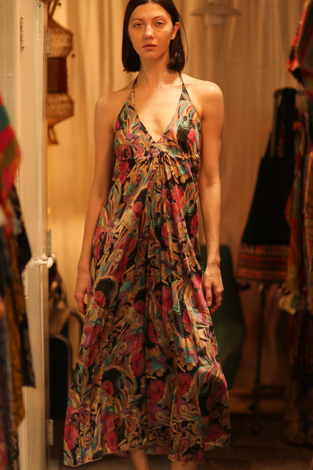 SILK DRESS HANNAH BLACK JUNGLE FEVER - sustainably made MOMO NEW YORK sustainable clothing, Boho Chic Dress slow fashion
