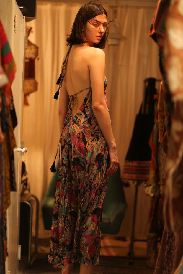 SILK DRESS HANNAH BLACK JUNGLE FEVER - sustainably made MOMO NEW YORK sustainable clothing, Boho Chic Dress slow fashion