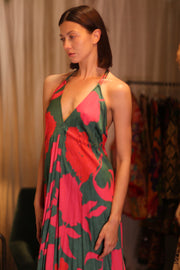 SILK DRESS HANNAH PINK GREEN TROPIC - sustainably made MOMO NEW YORK sustainable clothing, dresskaftan slow fashion