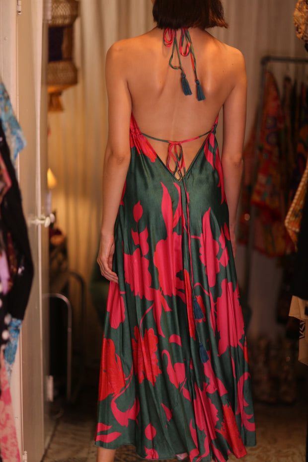SILK DRESS HANNAH PINK GREEN TROPIC - sustainably made MOMO NEW YORK sustainable clothing, dresskaftan slow fashion