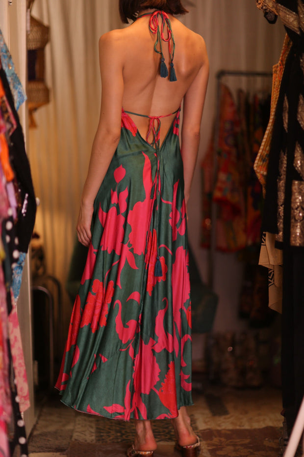 SILK DRESS HANNAH PINK GREEN TROPIC - sustainably made MOMO NEW YORK sustainable clothing, dresskaftan slow fashion