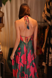 SILK DRESS HANNAH PINK GREEN TROPIC - sustainably made MOMO NEW YORK sustainable clothing, dresskaftan slow fashion