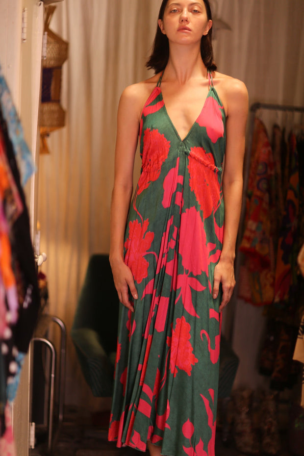 SILK DRESS HANNAH PINK GREEN TROPIC - sustainably made MOMO NEW YORK sustainable clothing, dresskaftan slow fashion