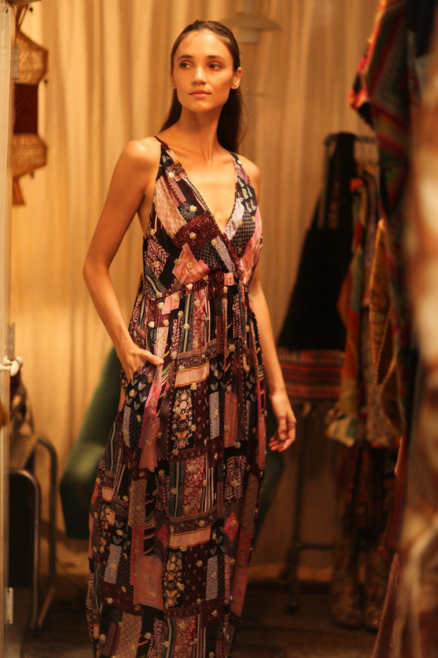 SILK DRESS LILY EMBROIDERED INDIA - sustainably made MOMO NEW YORK sustainable clothing, Boho Chic Dress slow fashion