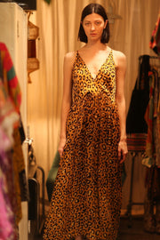 SILK DRESS LILY LEO PRINT DARK - sustainably made MOMO NEW YORK sustainable clothing, Boho Chic Dress slow fashion