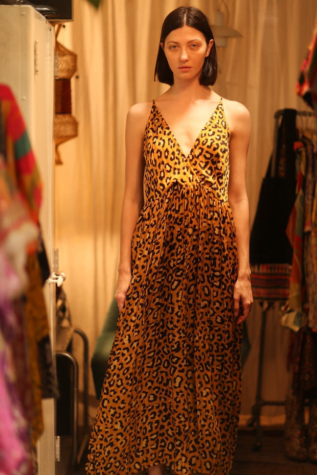 SILK DRESS LILY LEO PRINT DARK - sustainably made MOMO NEW YORK sustainable clothing, Boho Chic Dress slow fashion