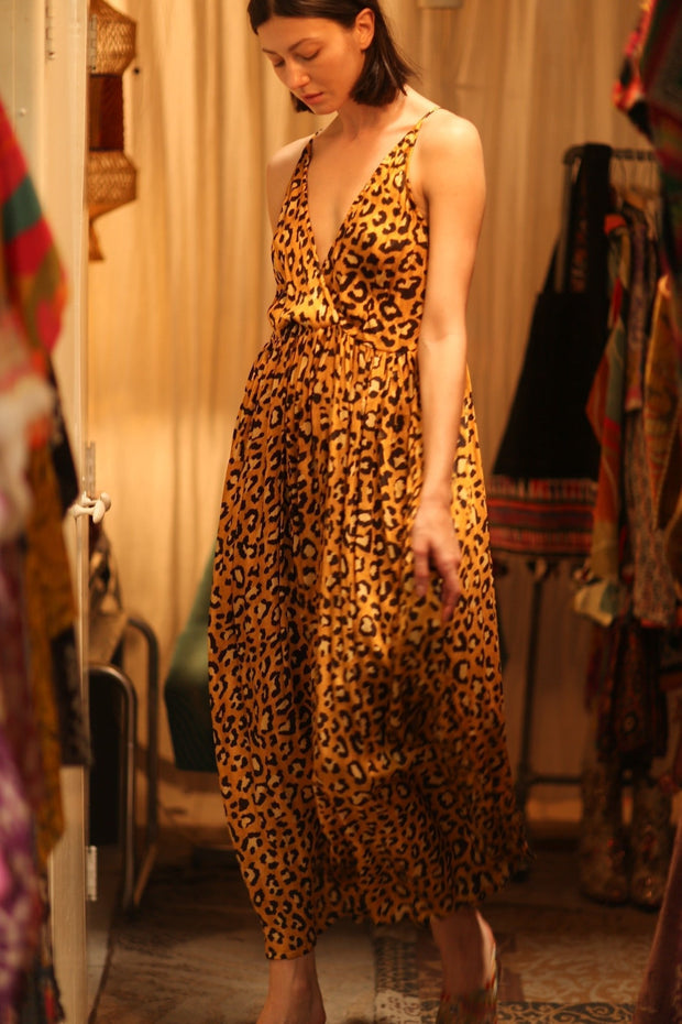 SILK DRESS LILY LEO PRINT DARK - sustainably made MOMO NEW YORK sustainable clothing, Boho Chic Dress slow fashion