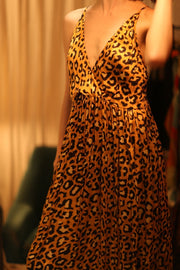 SILK DRESS LILY LEO PRINT DARK - sustainably made MOMO NEW YORK sustainable clothing, Boho Chic Dress slow fashion