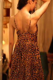 SILK DRESS LILY LEO PRINT DARK - sustainably made MOMO NEW YORK sustainable clothing, Boho Chic Dress slow fashion