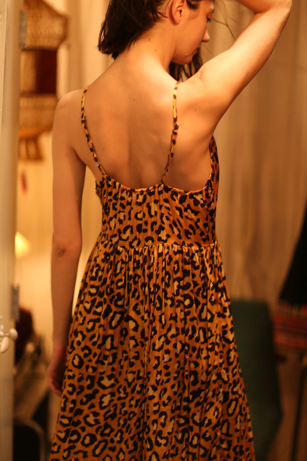 SILK DRESS LILY LEO PRINT DARK - sustainably made MOMO NEW YORK sustainable clothing, Boho Chic Dress slow fashion