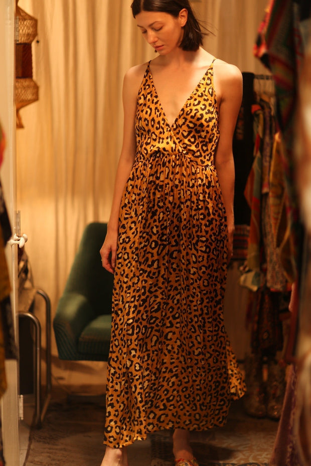 SILK DRESS LILY LEO PRINT DARK - sustainably made MOMO NEW YORK sustainable clothing, Boho Chic Dress slow fashion