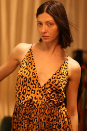 SILK DRESS LILY LEO PRINT DARK - sustainably made MOMO NEW YORK sustainable clothing, Boho Chic Dress slow fashion