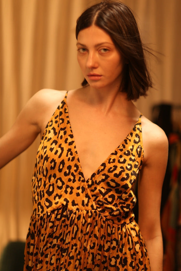 SILK DRESS LILY LEO PRINT DARK - sustainably made MOMO NEW YORK sustainable clothing, Boho Chic Dress slow fashion