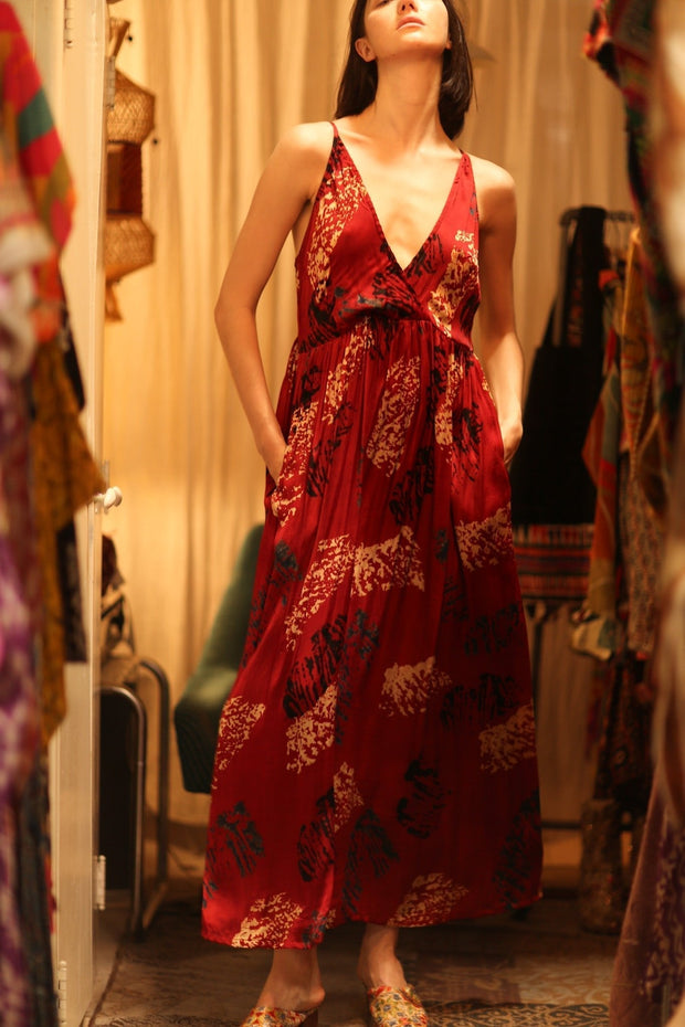 SILK DRESS LILY RED PAINTERS EDIT - sustainably made MOMO NEW YORK sustainable clothing, Boho Chic Dress slow fashion