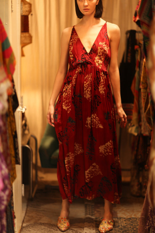 SILK DRESS LILY RED PAINTERS EDIT - sustainably made MOMO NEW YORK sustainable clothing, Boho Chic Dress slow fashion
