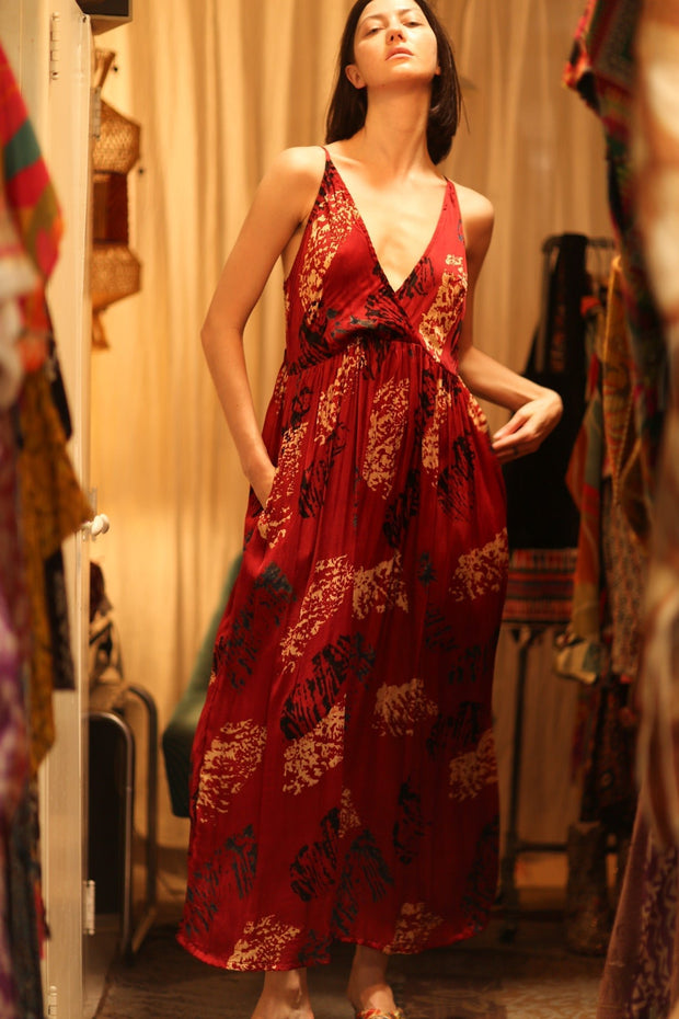 SILK DRESS LILY RED PAINTERS EDIT - sustainably made MOMO NEW YORK sustainable clothing, Boho Chic Dress slow fashion