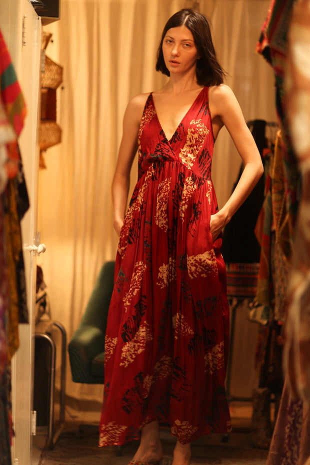 SILK DRESS LILY RED PAINTERS EDIT - sustainably made MOMO NEW YORK sustainable clothing, Boho Chic Dress slow fashion