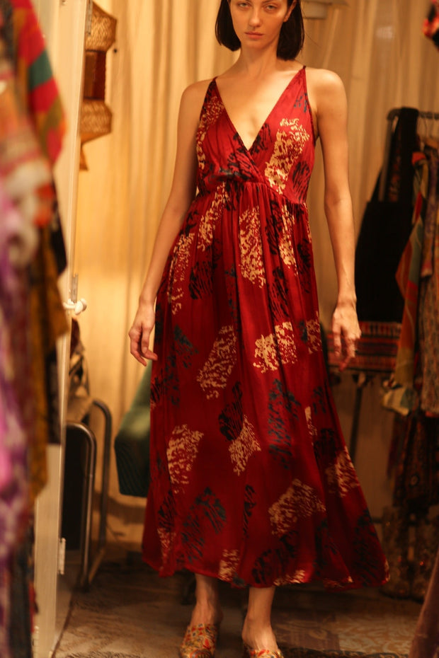 SILK DRESS LILY RED PAINTERS EDIT - sustainably made MOMO NEW YORK sustainable clothing, Boho Chic Dress slow fashion