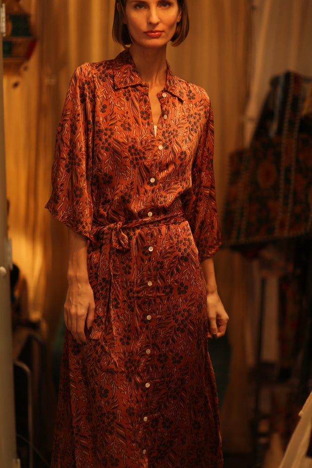 SILK DRESS RUTH HAND BLOCK PRINT FATOU - sustainably made MOMO NEW YORK sustainable clothing, dresskaftan slow fashion