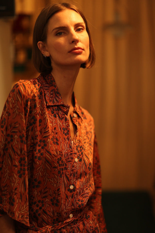 SILK DRESS RUTH HAND BLOCK PRINT FATOU - sustainably made MOMO NEW YORK sustainable clothing, dresskaftan slow fashion