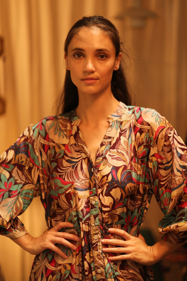 SILK DRESS SUSIE BROWN JUNGLE FEVER - sustainably made MOMO NEW YORK sustainable clothing, Boho Chic Dress slow fashion