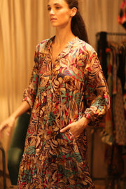 SILK DRESS SUSIE BROWN JUNGLE FEVER - sustainably made MOMO NEW YORK sustainable clothing, Boho Chic Dress slow fashion