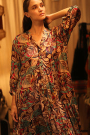 SILK DRESS SUSIE BROWN JUNGLE FEVER - sustainably made MOMO NEW YORK sustainable clothing, Boho Chic Dress slow fashion