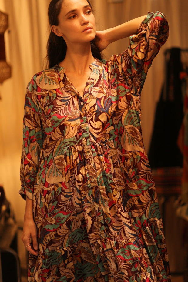 SILK DRESS SUSIE BROWN JUNGLE FEVER - sustainably made MOMO NEW YORK sustainable clothing, Boho Chic Dress slow fashion