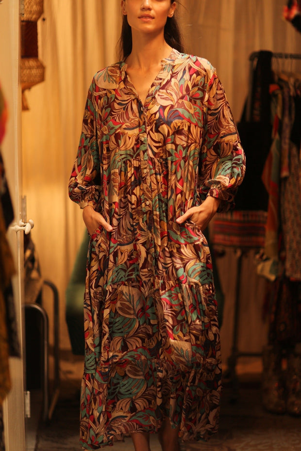 SILK DRESS SUSIE BROWN JUNGLE FEVER - sustainably made MOMO NEW YORK sustainable clothing, Boho Chic Dress slow fashion
