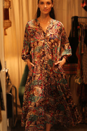 SILK DRESS SUSIE BROWN JUNGLE FEVER - sustainably made MOMO NEW YORK sustainable clothing, Boho Chic Dress slow fashion