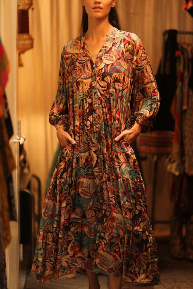 SILK DRESS SUSIE BROWN JUNGLE FEVER - sustainably made MOMO NEW YORK sustainable clothing, Boho Chic Dress slow fashion