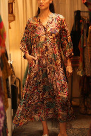 SILK DRESS SUSIE BROWN JUNGLE FEVER - sustainably made MOMO NEW YORK sustainable clothing, Boho Chic Dress slow fashion