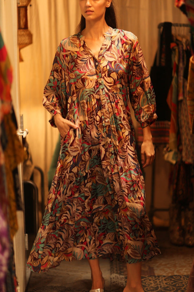 SILK DRESS SUSIE BROWN JUNGLE FEVER - sustainably made MOMO NEW YORK sustainable clothing, Boho Chic Dress slow fashion