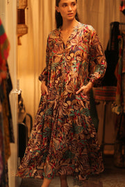 SILK DRESS SUSIE BROWN JUNGLE FEVER - sustainably made MOMO NEW YORK sustainable clothing, Boho Chic Dress slow fashion
