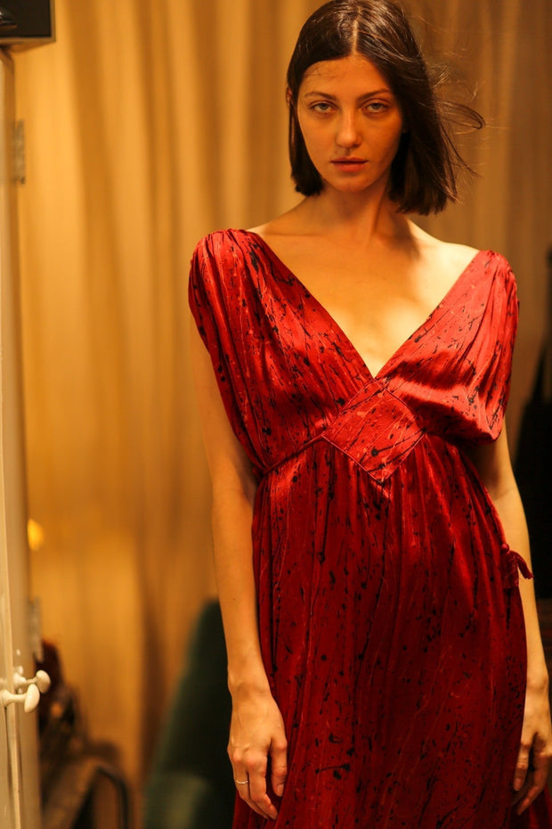 SILK DRESS VICTORIA RED PAINTER - sustainably made MOMO NEW YORK sustainable clothing, Boho Chic Dress slow fashion