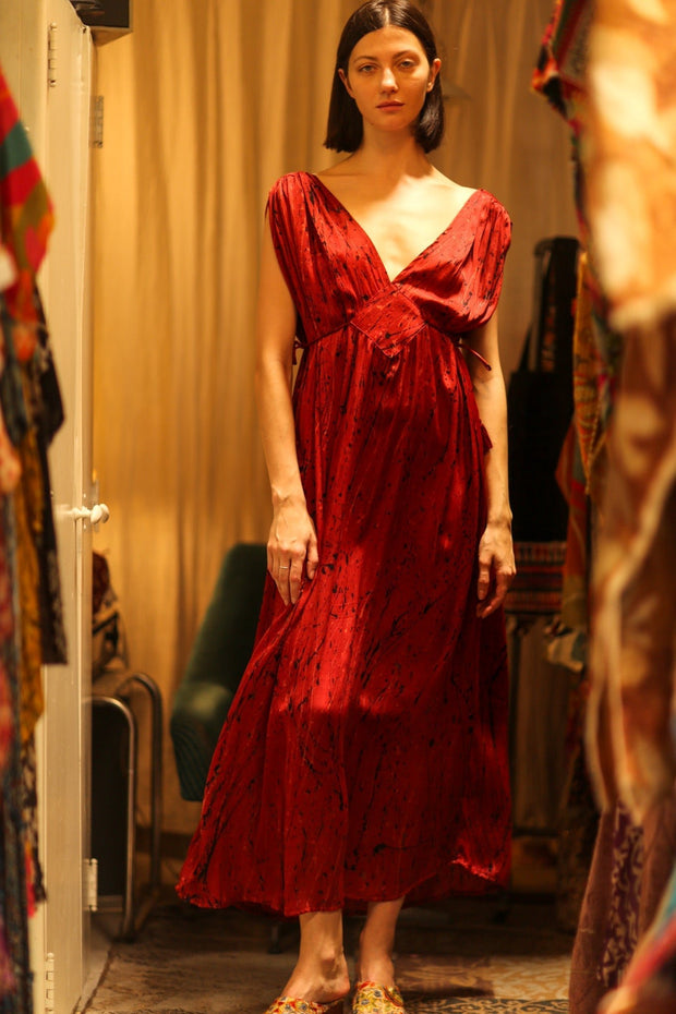 SILK DRESS VICTORIA RED PAINTER - sustainably made MOMO NEW YORK sustainable clothing, Boho Chic Dress slow fashion