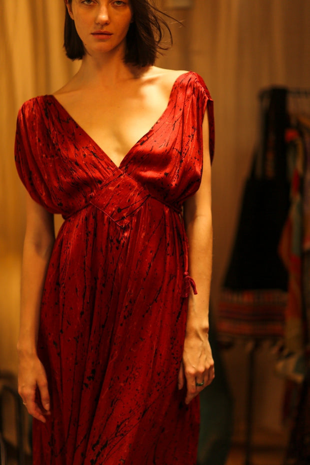 SILK DRESS VICTORIA RED PAINTER - sustainably made MOMO NEW YORK sustainable clothing, Boho Chic Dress slow fashion