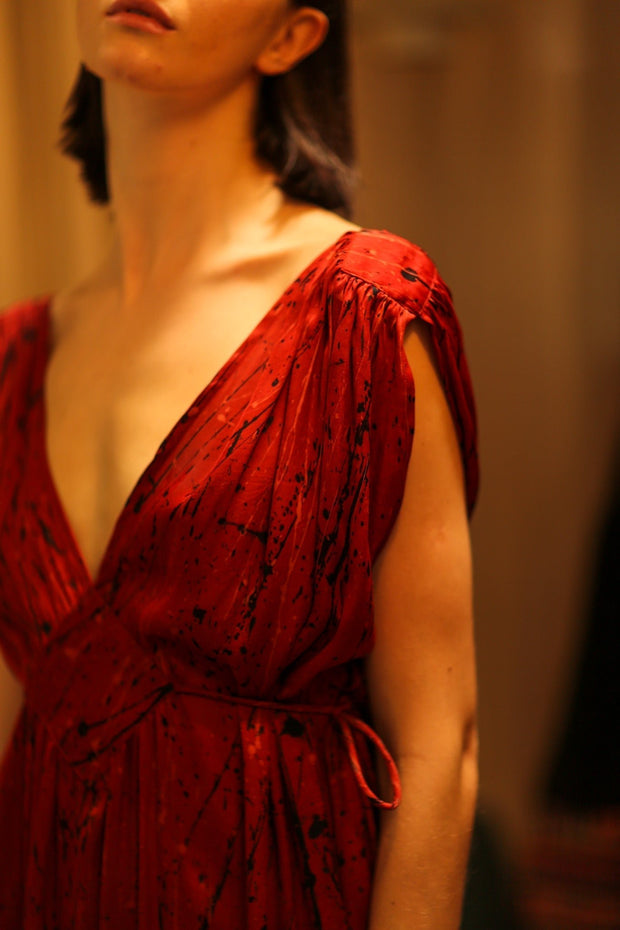 SILK DRESS VICTORIA RED PAINTER - sustainably made MOMO NEW YORK sustainable clothing, Boho Chic Dress slow fashion