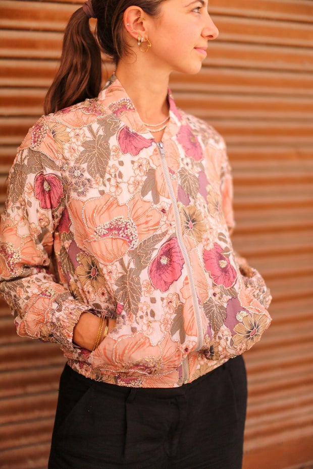 SILK EMBROIDERED BOMBER JACKET LAURA - sustainably made MOMO NEW YORK sustainable clothing, bestseller slow fashion