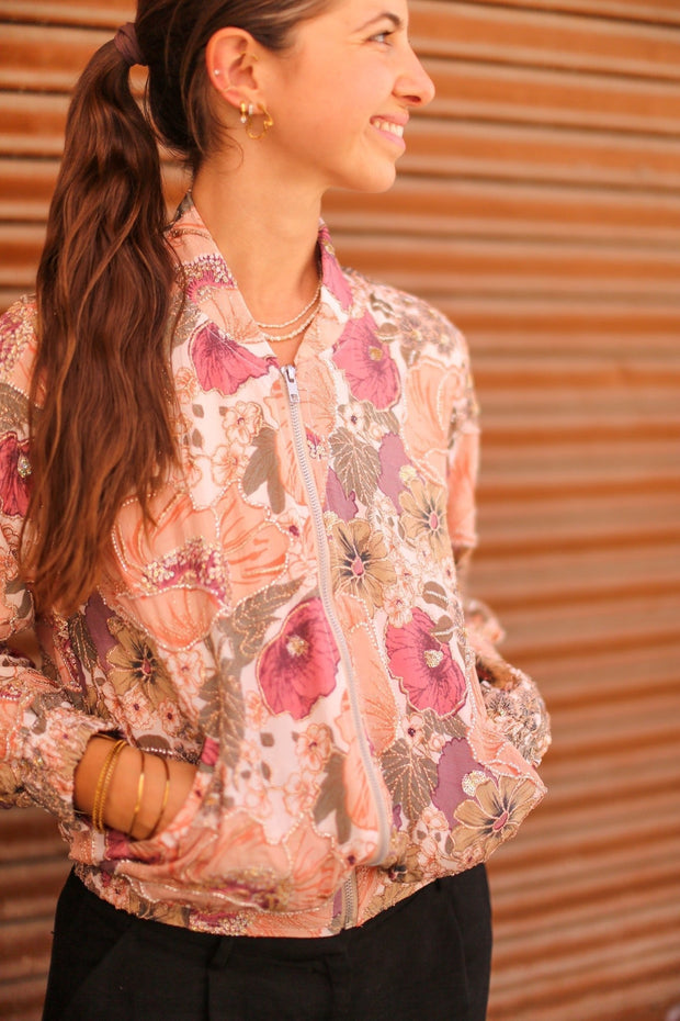 SILK EMBROIDERED BOMBER JACKET LAURA - sustainably made MOMO NEW YORK sustainable clothing, bestseller slow fashion