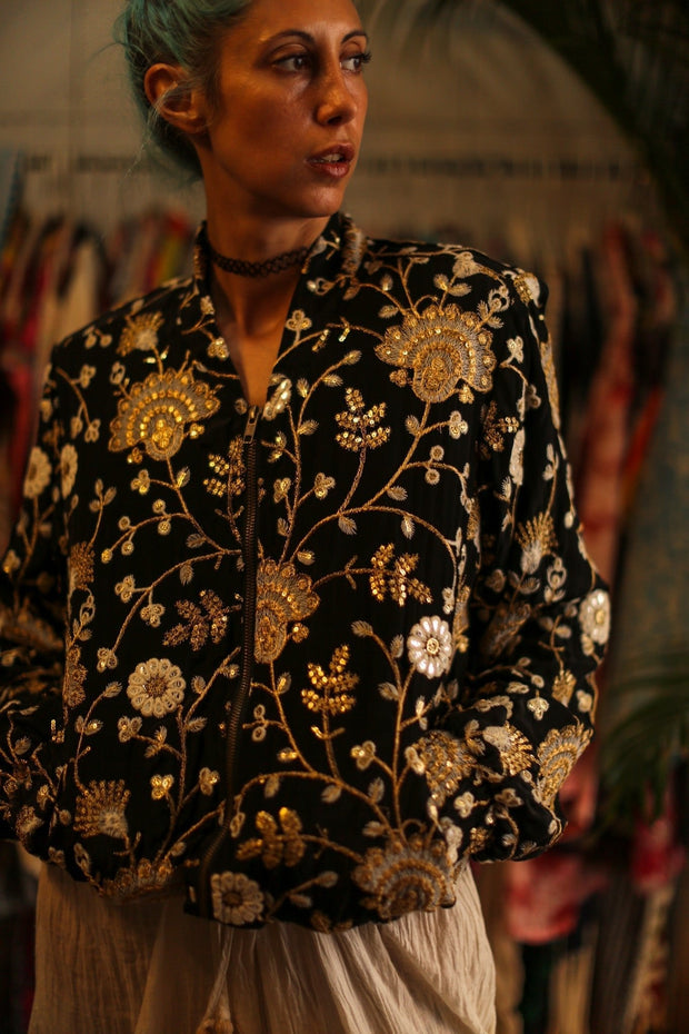 SILK EMBROIDERED BOMBER JACKET LISA - sustainably made MOMO NEW YORK sustainable clothing, bestseller slow fashion
