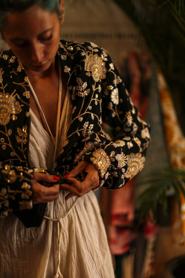 SILK EMBROIDERED BOMBER JACKET LISA - sustainably made MOMO NEW YORK sustainable clothing, bestseller slow fashion