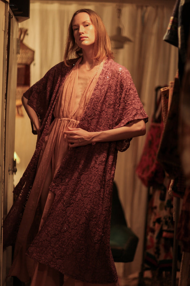 SILK FLORINE LITTLE FLOWERS EMBROIDERED KIMONO - sustainably made MOMO NEW YORK sustainable clothing, embellished slow fashion